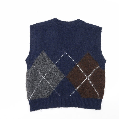 ZARA Women's Blue Argyle V-Neck Sleeveless Knit Vest Jumper Size S
