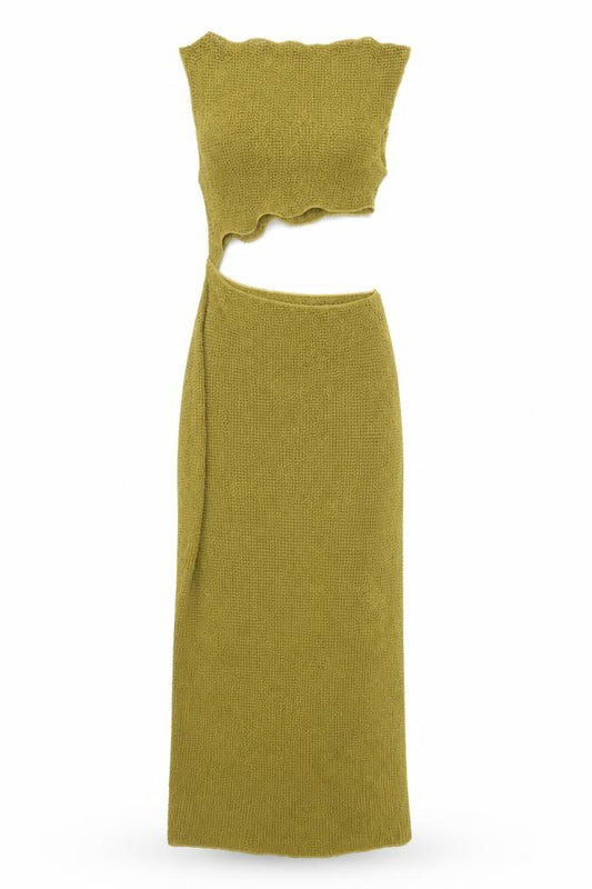 Front view of Zara Women Green One Shoulder Long Bodycon Knit Dress M