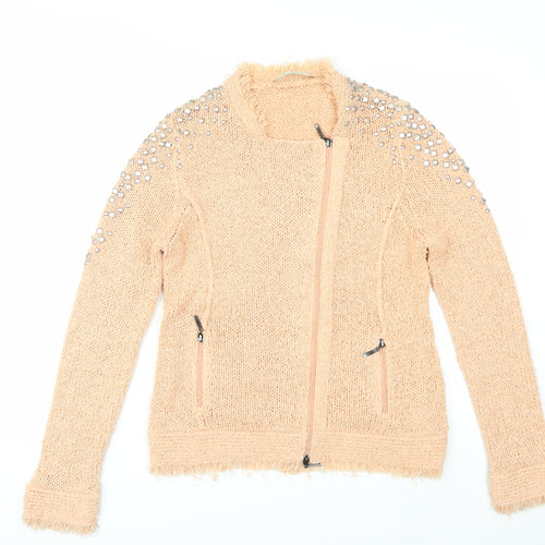 Monari Women’s Beige Beaded Full Zip Knit Jumper Size 14