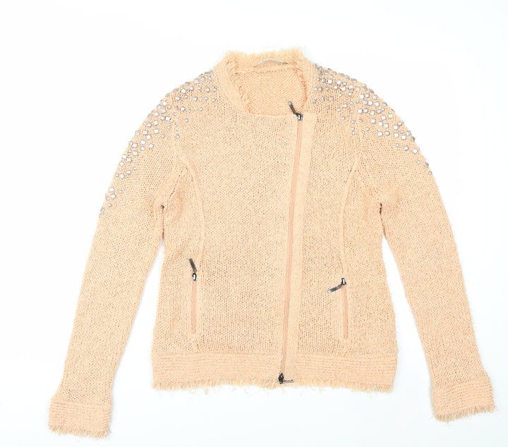 Monari Women’s Beige Beaded Full Zip Knit Jumper Size 14