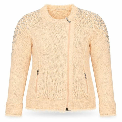 Monari Women’s Beige Beaded Full Zip Knit Jumper Size 14