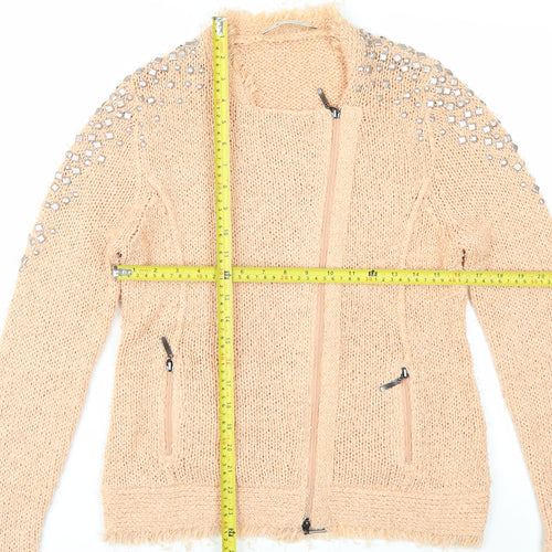 Monari Women’s Beige Beaded Full Zip Knit Jumper Size 14