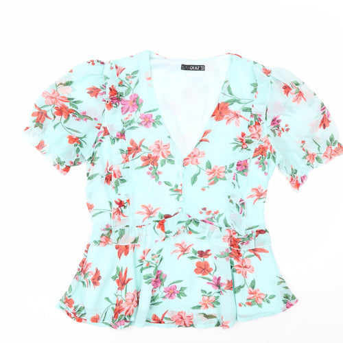 Quiz Women’s Blue Floral Wrap Blouse Size 12 Puff Sleeve