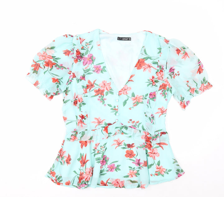 Quiz Women’s Blue Floral Wrap Blouse Size 12 Puff Sleeve