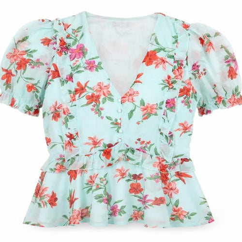 Quiz Women’s Blue Floral Wrap Blouse Size 12 Puff Sleeve