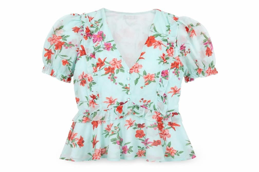 Quiz Women’s Blue Floral Wrap Blouse Size 12 Puff Sleeve