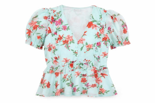 Front view of Quiz Women’s Blue Floral Wrap Blouse, size UK 12, Puff Sleeve