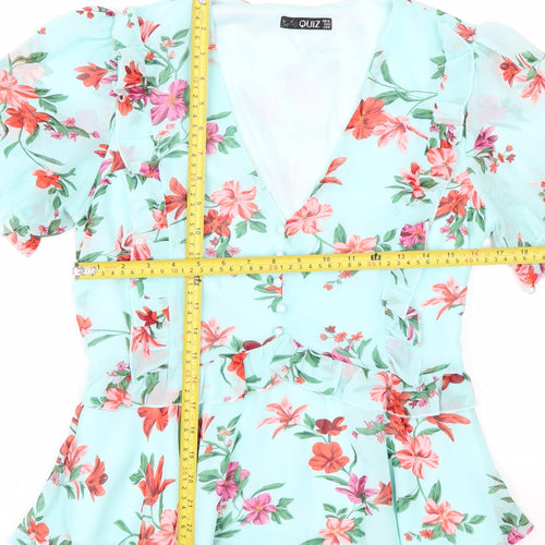 Quiz Women’s Blue Floral Wrap Blouse Size 12 Puff Sleeve