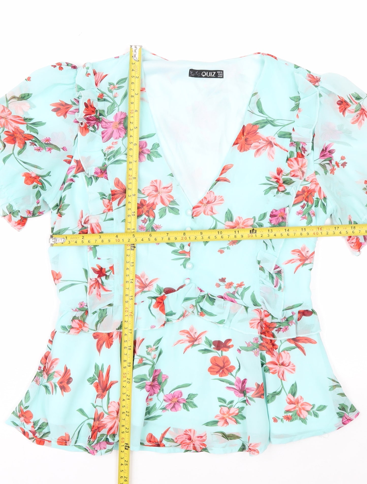 Quiz Women’s Blue Floral Wrap Blouse Size 12 Puff Sleeve