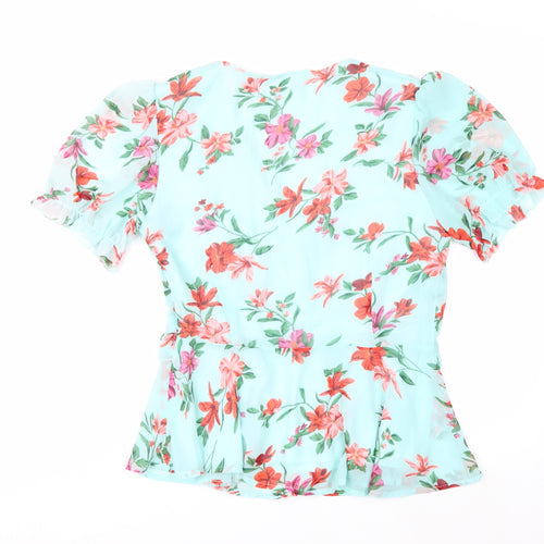 Quiz Women’s Blue Floral Wrap Blouse Size 12 Puff Sleeve