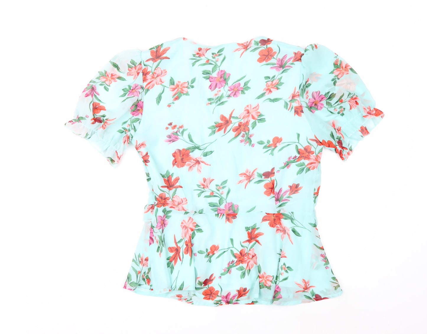 Quiz Women’s Blue Floral Wrap Blouse Size 12 Puff Sleeve