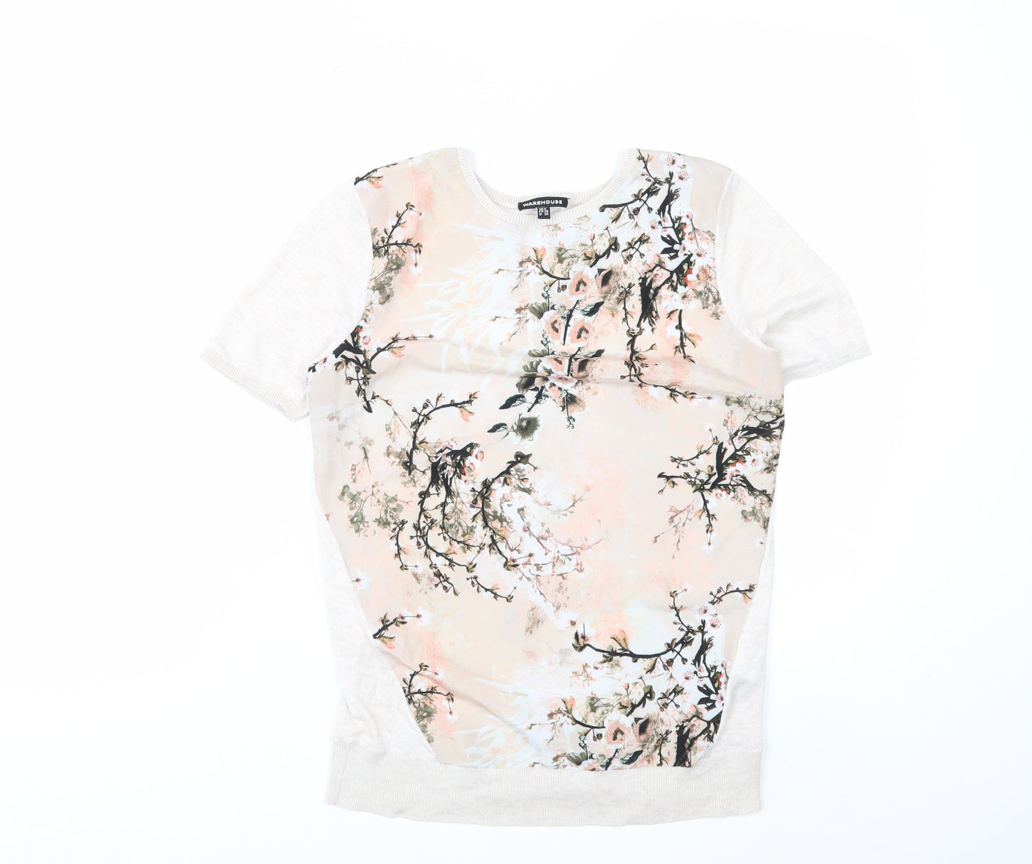 Warehouse Womens Beige Floral Short Sleeve T-Shirt Size 8