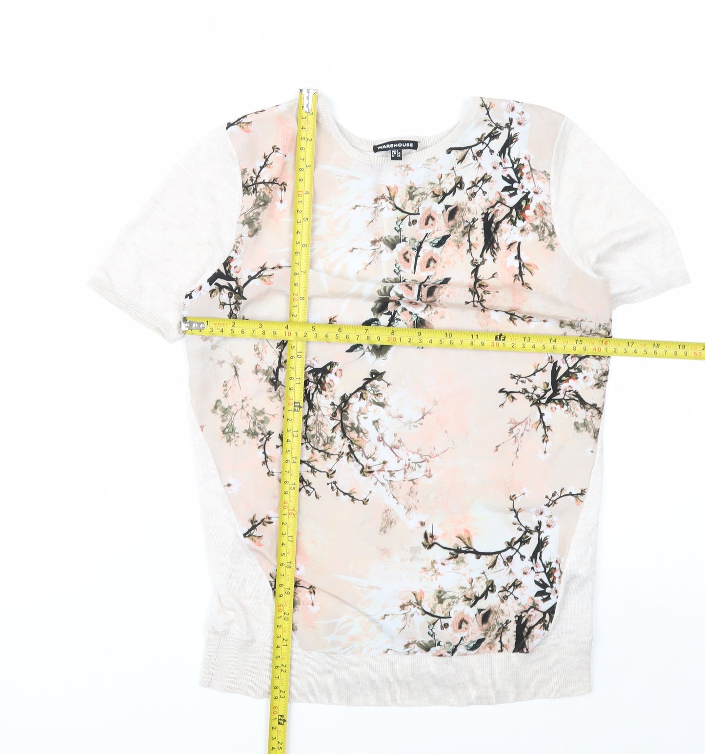 Warehouse Womens Beige Floral Short Sleeve T-Shirt Size 8