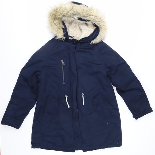 Zara Kids Girls Blue Faux Fur Hooded Long Parka Coat 13-14 Years