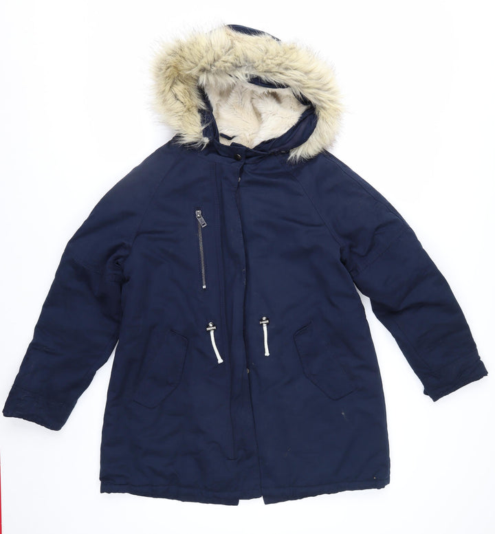 Zara Kids Girls Blue Faux Fur Hooded Long Parka Coat 13-14 Years