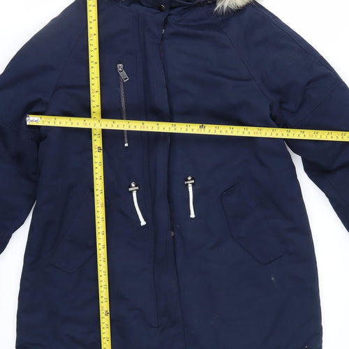 Zara Kids Girls Blue Faux Fur Hooded Long Parka Coat 13-14 Years