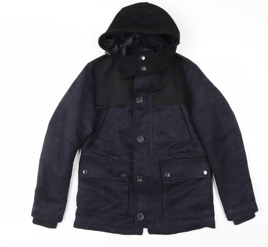 G2000 Men Blue Hooded Wool Trim Winter Parka Jacket Size 36