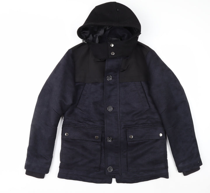 G2000 Men Blue Hooded Wool Trim Winter Parka Jacket Size 36