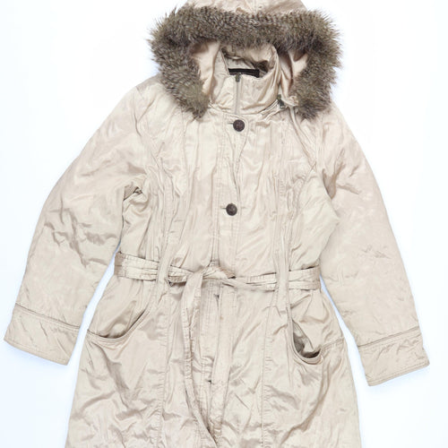 Marks and Spencer Women’s Beige Parka Coat L Fur Trim Hood Belted Long