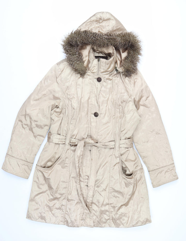Marks and Spencer Women’s Beige Parka Coat L Fur Trim Hood Belted Long