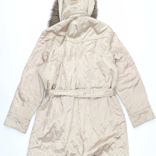Marks and Spencer Women’s Beige Parka Coat L Fur Trim Hood Belted Long