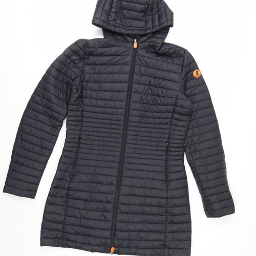 Save The Duck Women's Black Long Puffer Coat Size 10 Hooded Lightweight
