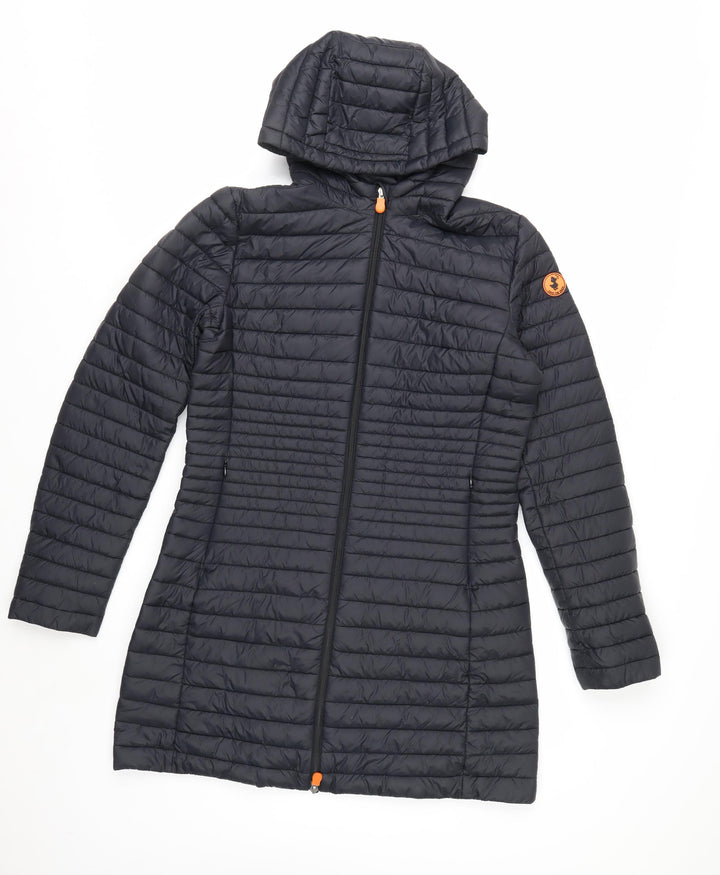 Save The Duck Women's Black Long Puffer Coat Size 10 Hooded Lightweight