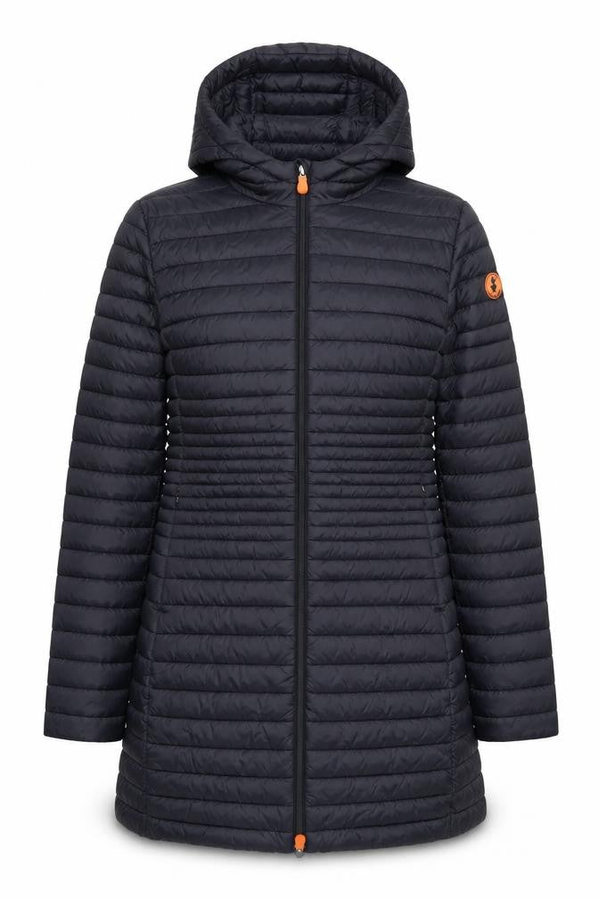 Save The Duck Women's Black Long Puffer Coat Size 10 Hooded Lightweight