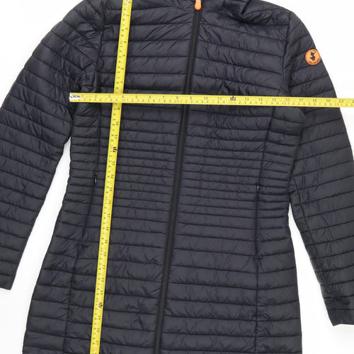 Save The Duck Women's Black Long Puffer Coat Size 10 Hooded Lightweight