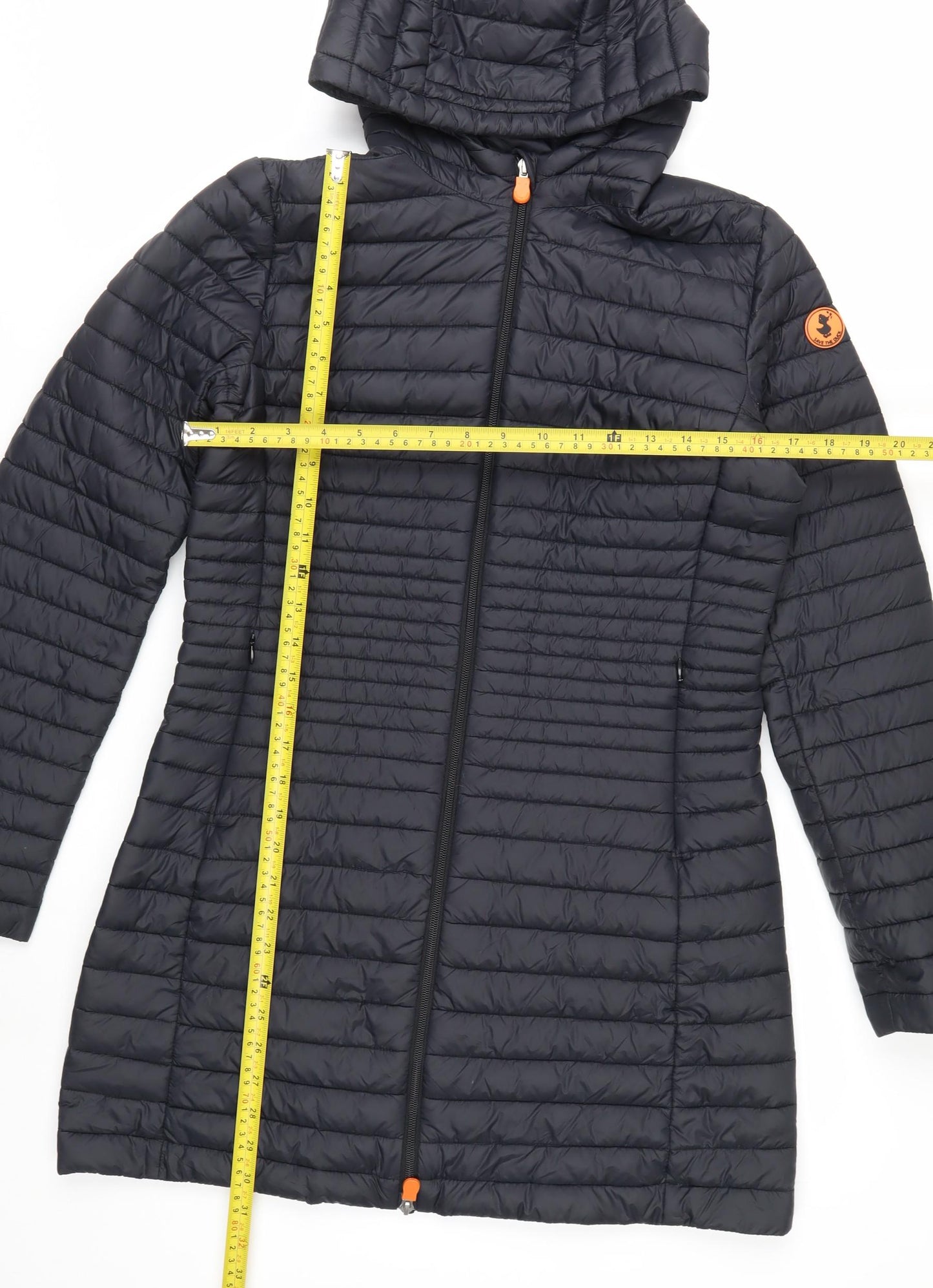 Save The Duck Women's Black Long Puffer Coat Size 10 Hooded Lightweight
