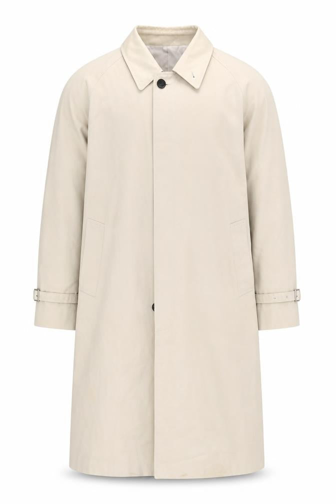 LIEU HOMME Men Beige Trench Coat M Collared Belted Classic Long