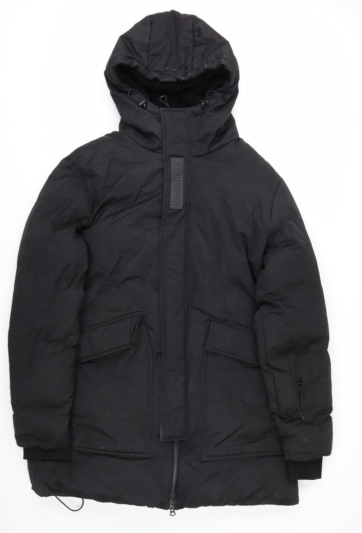 Religion Men’s Black Long Hooded Puffer Coat L Winter Insulated Jacket