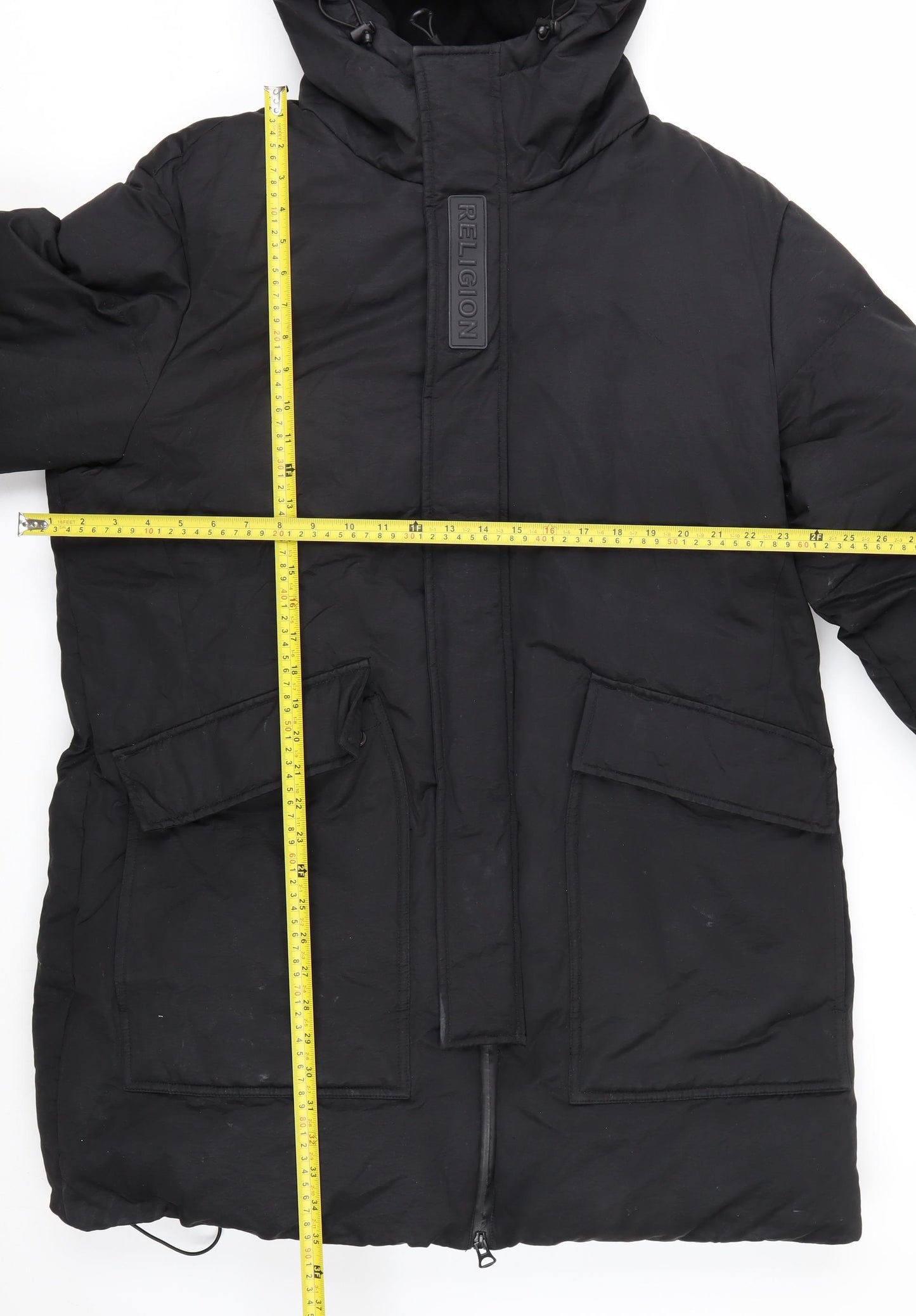 Religion Men’s Black Long Hooded Puffer Coat L Winter Insulated Jacket