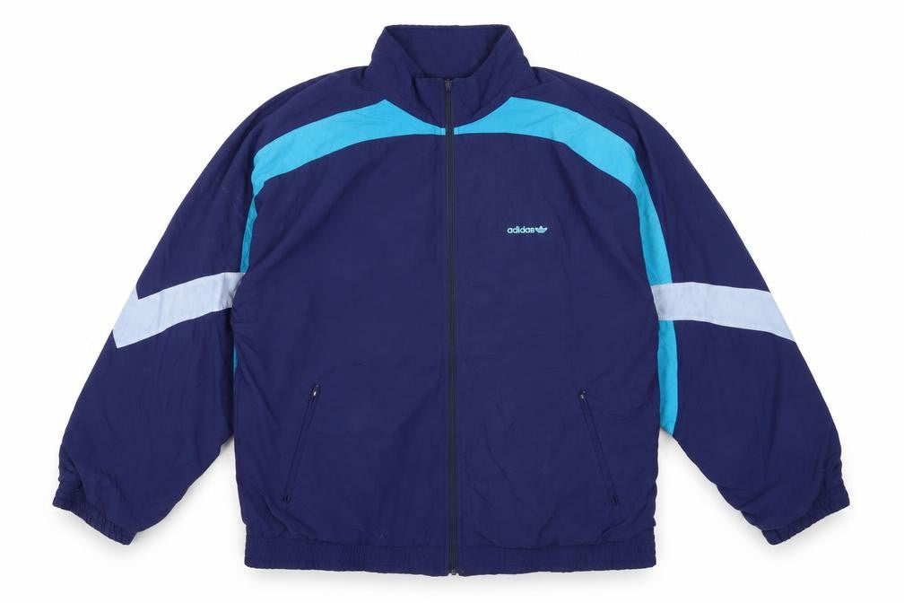 Front view of Adidas Men's Blue XL Retro Windbreaker Jacket with Full Zip