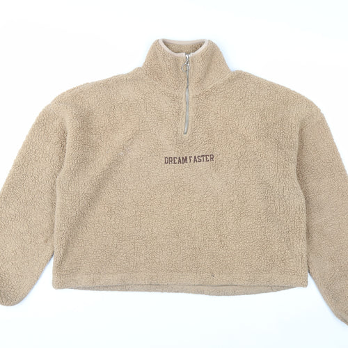 Addax Women Beige 1/4 Zip Fleece Pullover Sweatshirt L