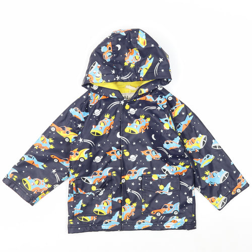 Hatley Boys Blue Space Cars Waterproof Hooded Rain Coat Size 4 Years