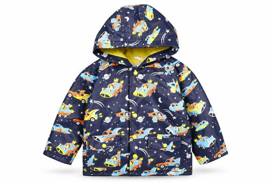 Hatley Boys Blue Space Cars Waterproof Hooded Rain Coat Size 4 Years