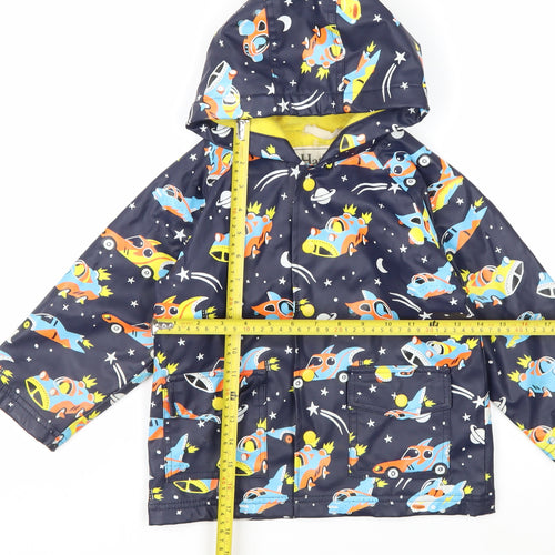 Hatley Boys Blue Space Cars Waterproof Hooded Rain Coat Size 4 Years