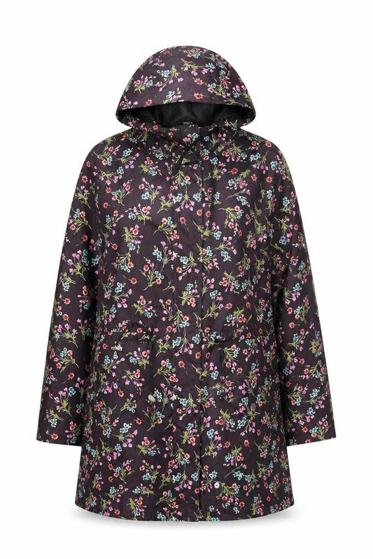 Front view of Peacocks women’s multicoloured floral waterproof rain coat, size UK 12