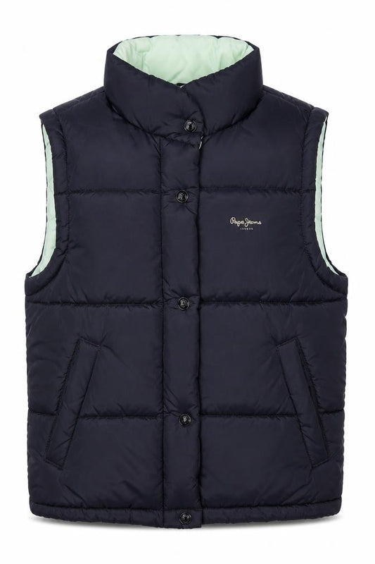 Front view of Pepe Jeans Women’s Black Puffer Waistcoat S Quilted Button Winter Gilet