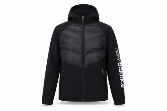 Front view of New Balance Men's Black Softshell Hooded Puffer Jacket, size S