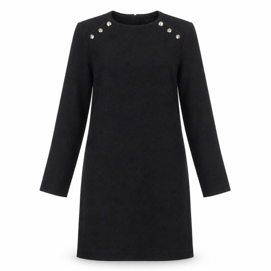 Front view of Ann Taylor Women’s Black Knee Length Shift Dress, size S, Long Sleeve