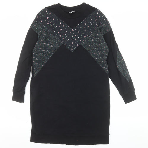 Oliver Bonas Womens Black Floral Panel Long Sleeve Pullover Sweatshirt Dress UK 12