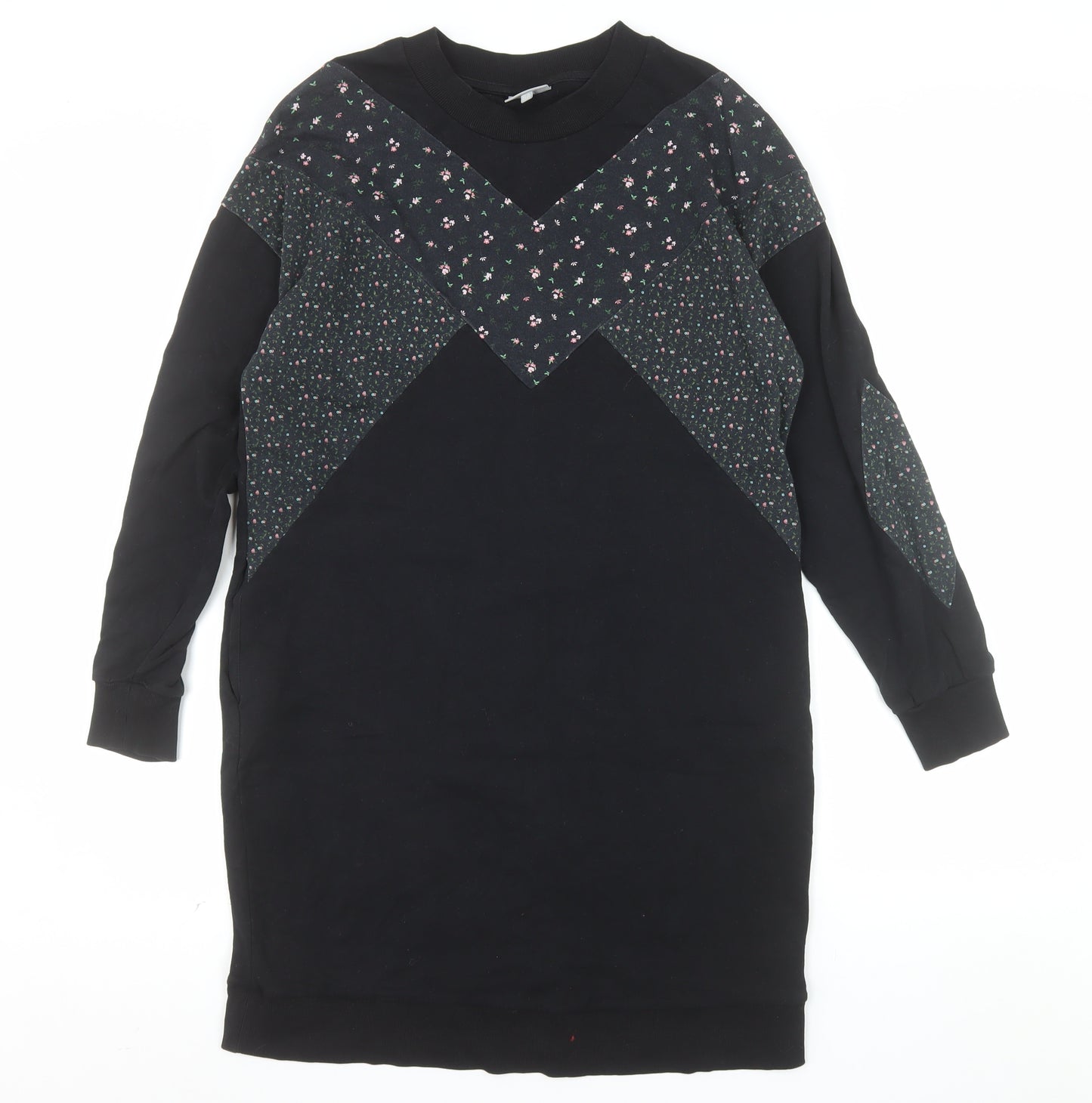 Oliver Bonas Womens Black Floral Panel Long Sleeve Pullover Sweatshirt Dress UK 12