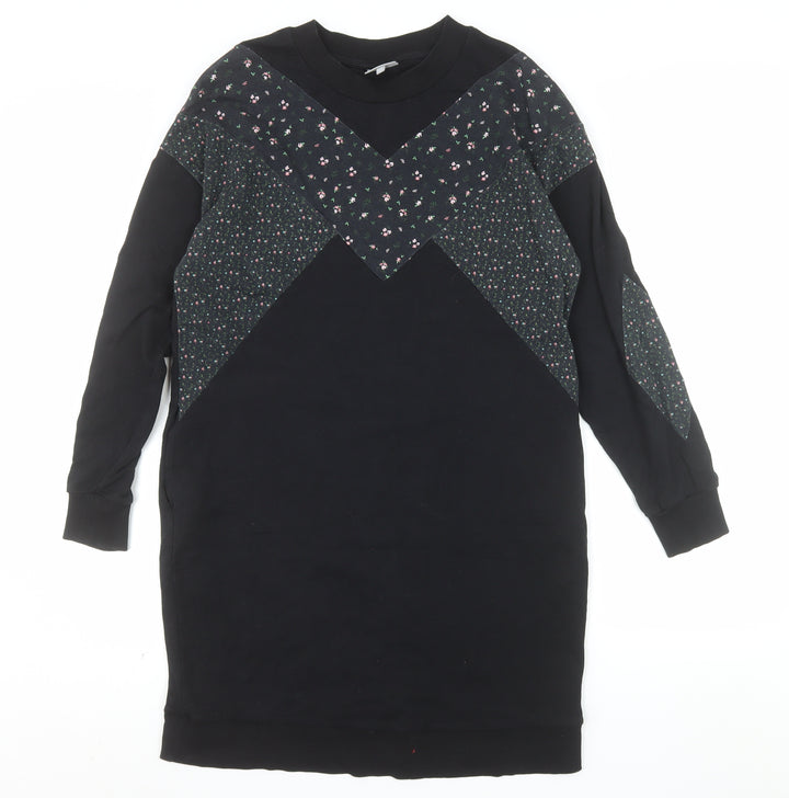 Oliver Bonas Womens Black Floral Panel Long Sleeve Pullover Sweatshirt Dress UK 12