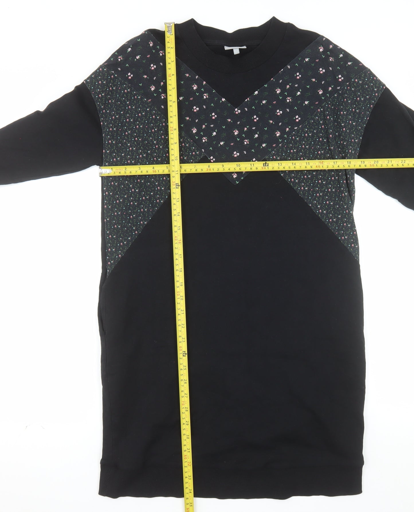 Oliver Bonas Womens Black Floral Panel Long Sleeve Pullover Sweatshirt Dress UK 12