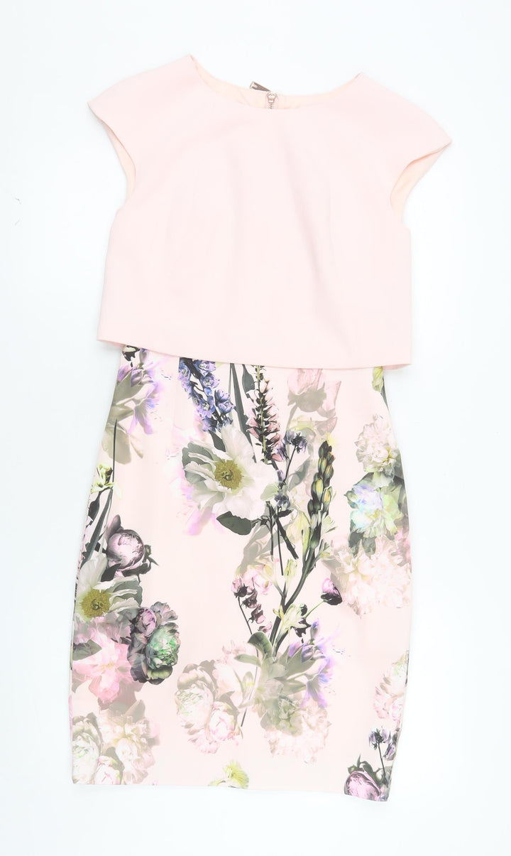Ted Baker Women Pink Floral Sheath Dress Size 10 Sleeveless Wedding Party
