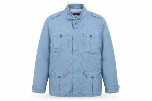 Front view of Alvaro Moreno Men's Blue Military Style Jacket, size L, Polyester
