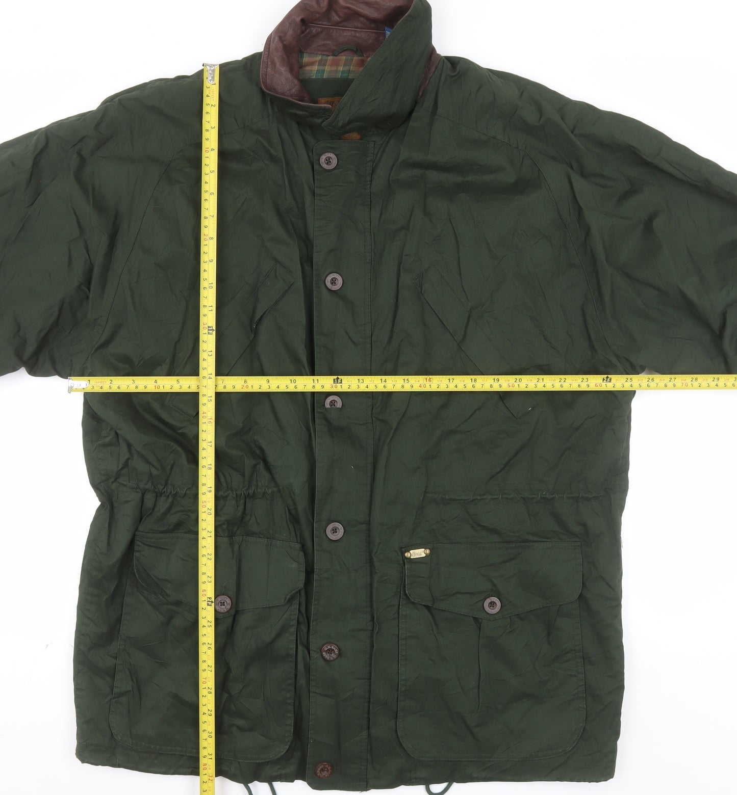 Bass Men's Green Cotton Field Jacket L Leather Collar Outdoor Style