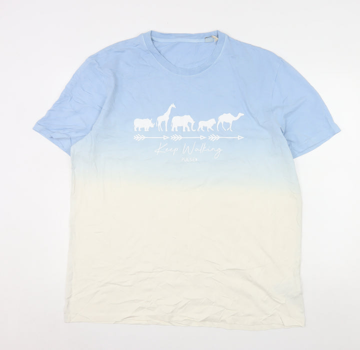 Pulse Men’s Blue Beige Ombre Animal Graphic Organic Cotton T-Shirt 3XL